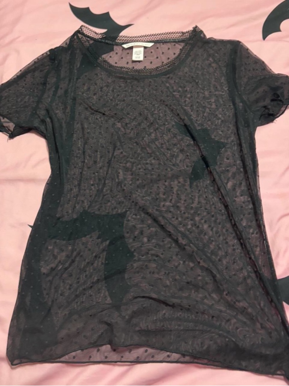 Victoria's Secret Black Sheer Polka Dot Short Sleeve Tee